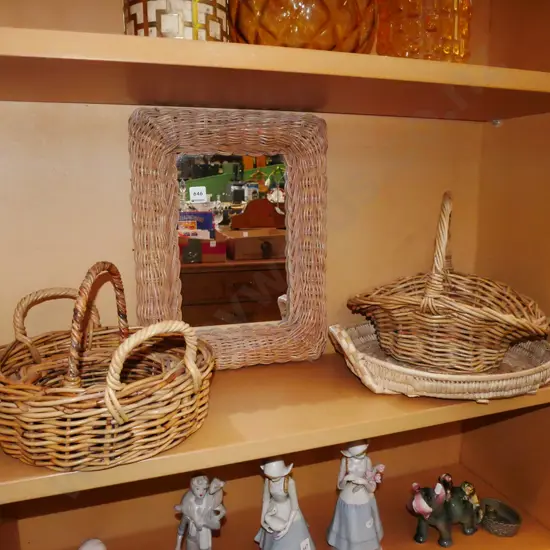 cane baskets, cane framed wall mirror