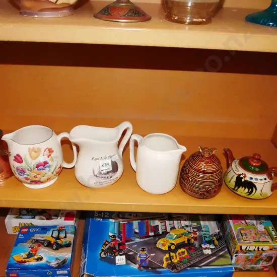 jugs, copper pourer, honey jar, teapot