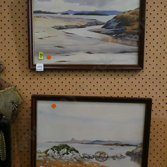 2x framed watercolours - coastal scenes -orange dots