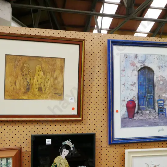 framed photo print - blue dot, framed mixed media - abstract houses