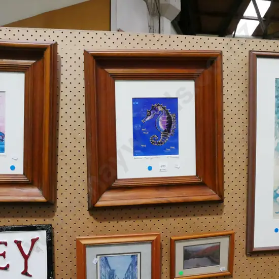 framed watercolour - garden scene, 2x framed mixed media - seahorse, pukeko - blue dots