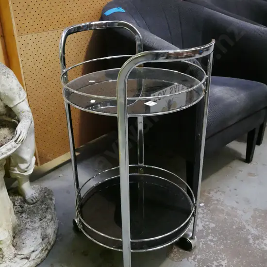 chrome and smoked glass 2 tier cylindrical tea trolley H-790 W-700