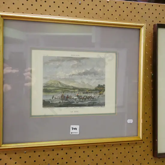 framed etching - cattle fording stream