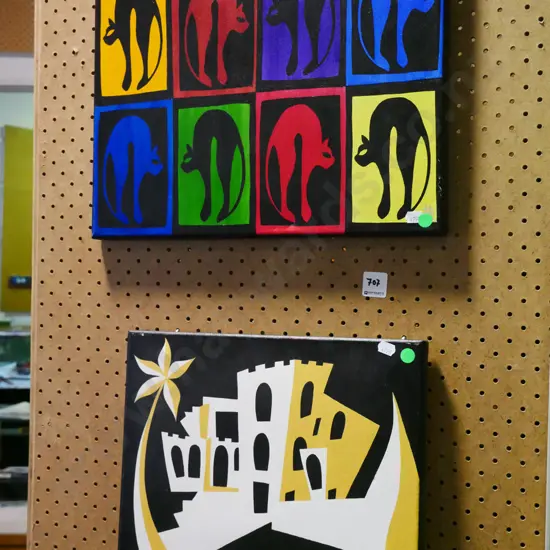 2x acrylic on boxed canvas - cats, house 