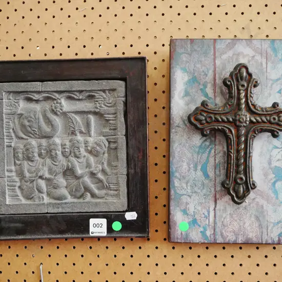 crucifix on board, composite stone like carved tile - green dots