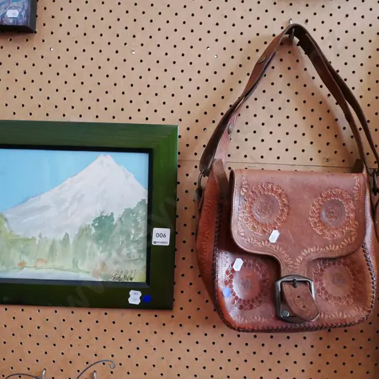 framed watercolour - mountain, tooled leather bag - blue dots