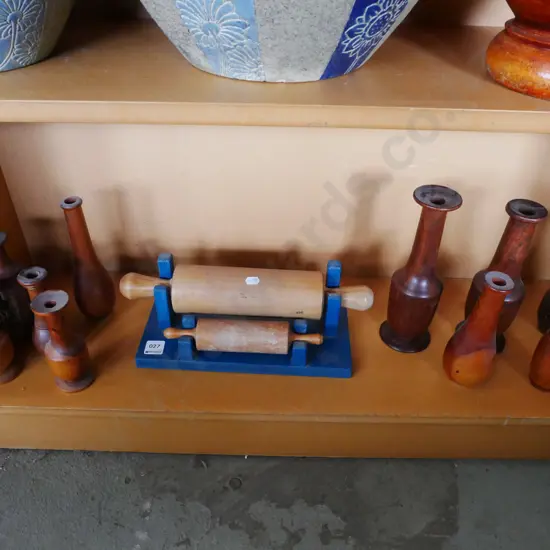 2x rolling pins on stands, turned wood vases