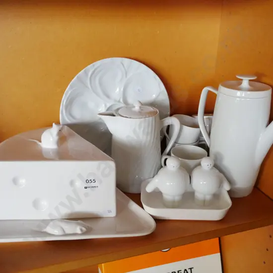 assorted white china; cheese dish, coffee pot etc