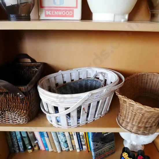 various cane baskets, wooden basket