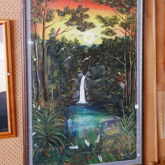 Oscar Towa 2002 - framed watercolour - waterfall - extensive warping to paper