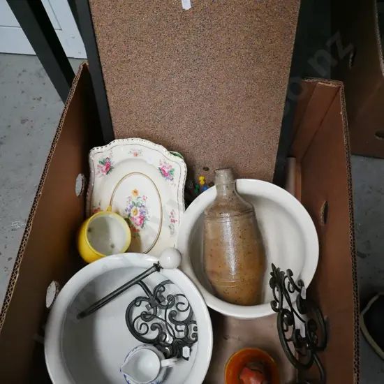 box; chamber pots, stoneware bottles, wrought metal hand towel hooks etc
