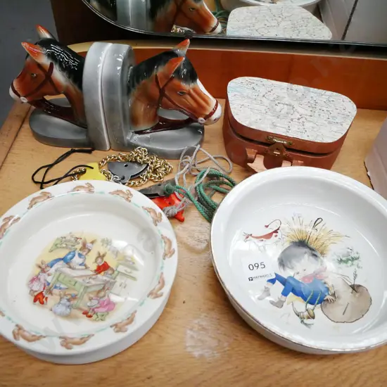 bunnykins bowl, Crown Lynn child's bowl, bookends, trinket box, dog whistles