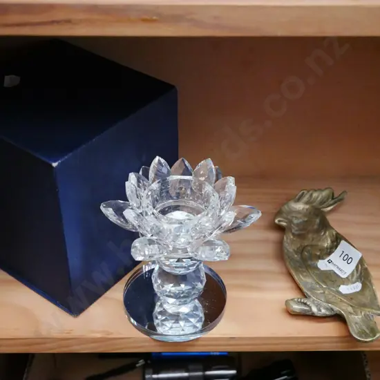 crystal tea light candlestick, brass parrot ashtray