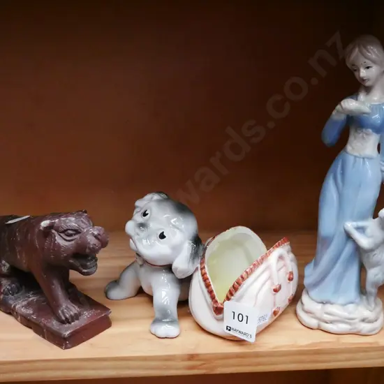 figurine, carved marble tiger, Italian dog, basket vase