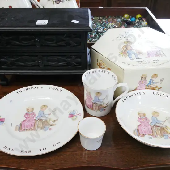 dark stained 2 drawer jewellery cabinet, Thursdays Child breakfast set