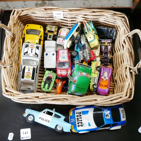 cane basket; model vehicles