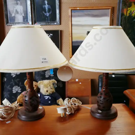 2x turned wood bedside lamps
