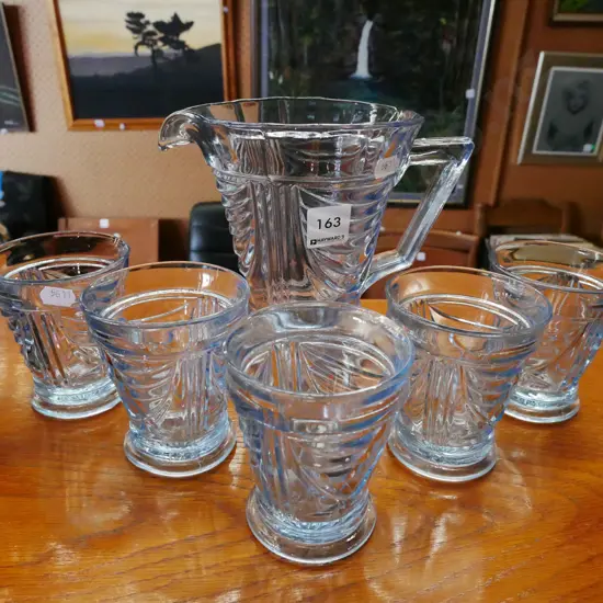 blue depression glass jug and 5 tumblers
