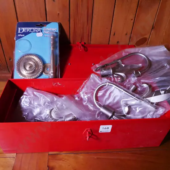 red tool box; fleur de lis tie backs, 1 brass tie back