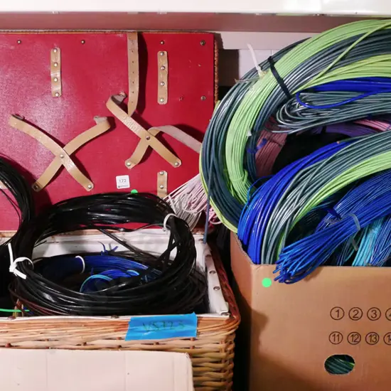 vintage cane picnic hamper,box;  plastic weaving cane - green dots