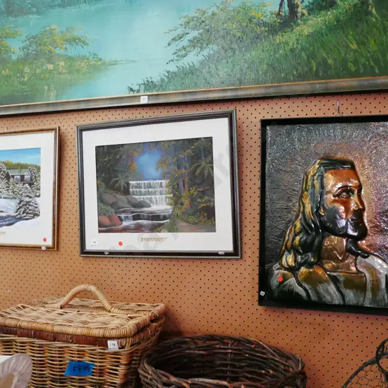 2x framed oil on boards pressed copper 3D religious artwork