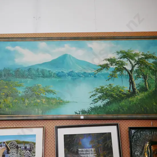 large oil on board - lake and mountain scene