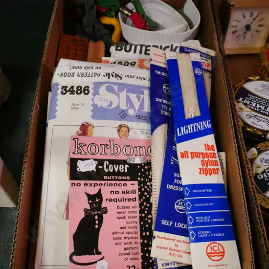 box; embroidery threads, patterns etc