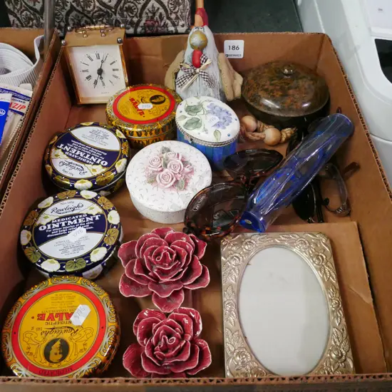 box; Rawleigh's tins, glasses, picture frame etc
