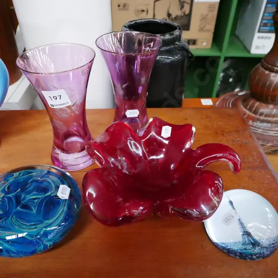 2x hand cut glasses, paperweights, bowl