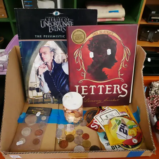 box; coins, beer labels, Lemony Snickett books