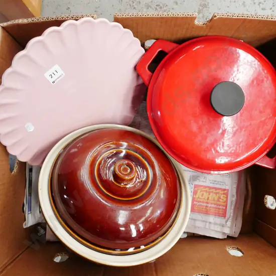box; pick ceramic plate, red enamel casserole- some damage, lidded casserole