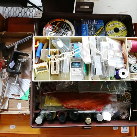 tackle box; lines, hooks, fly tieing equipment etc