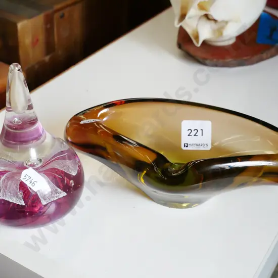 art glass paperweight, amber glass ashtray