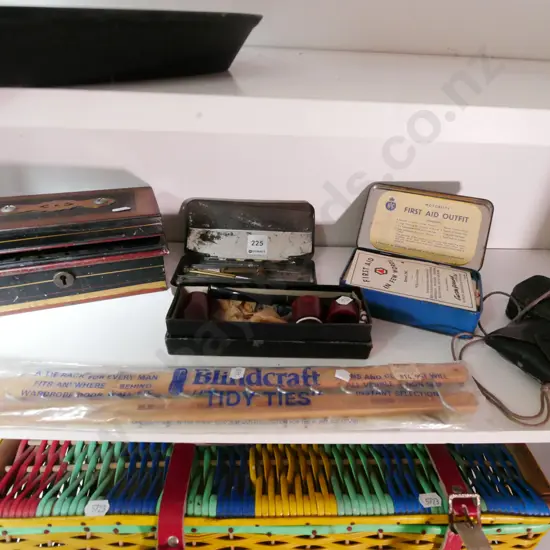 shelf; vintage cash box, pipes, first aid kit, tidy ties etc