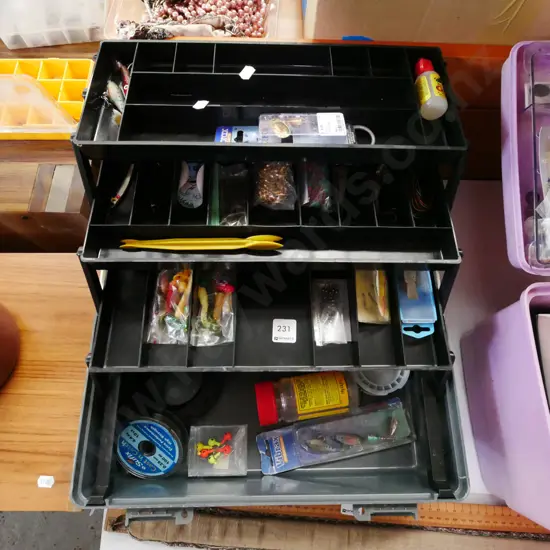 tackle box; soft baits, sinkers, line etc