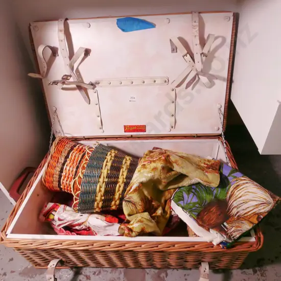 cane picnic hamper, tea towels, baskets