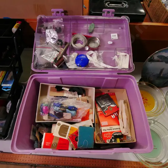 plastic sewing container, buttons, needles, threads etc