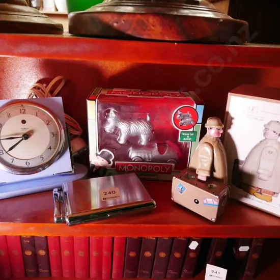 Smiths deco mantle clock, Monopoly wind up racers, clockwork tin man, cigarette case