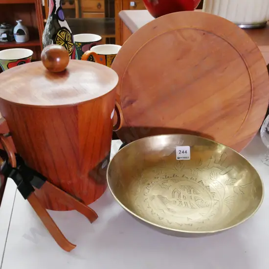 wooden plate, retro ice bucket, brass Asian bowl Diam-230