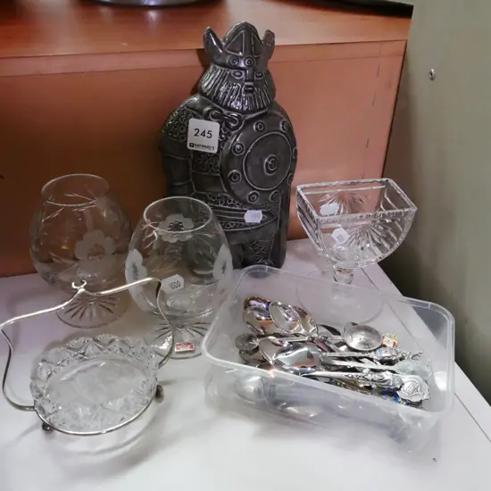 cut glass goblets, teaspoons, Viking figurine - chip to ear etc