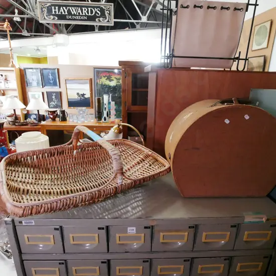 cane basket and hat box