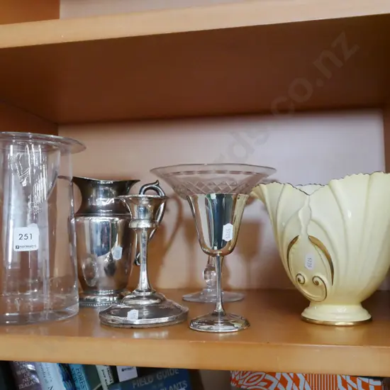 plated jug, candlestick, Carlton ware goblet, vase, glass comport, glass vase
