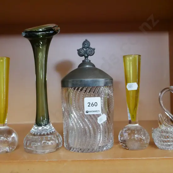 glass swan, glass vases, lidded canister