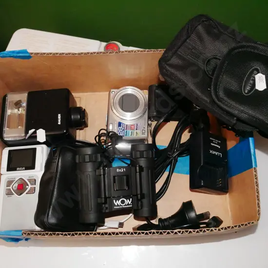 box; digital cameras, flashes, other accessories