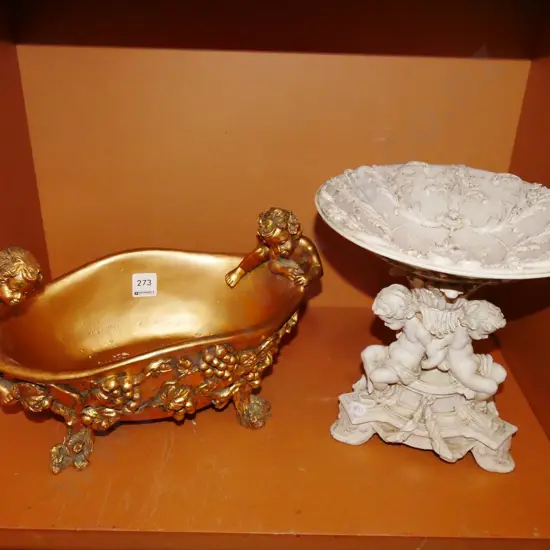 ornate cherub themed comport, footed glass vase 