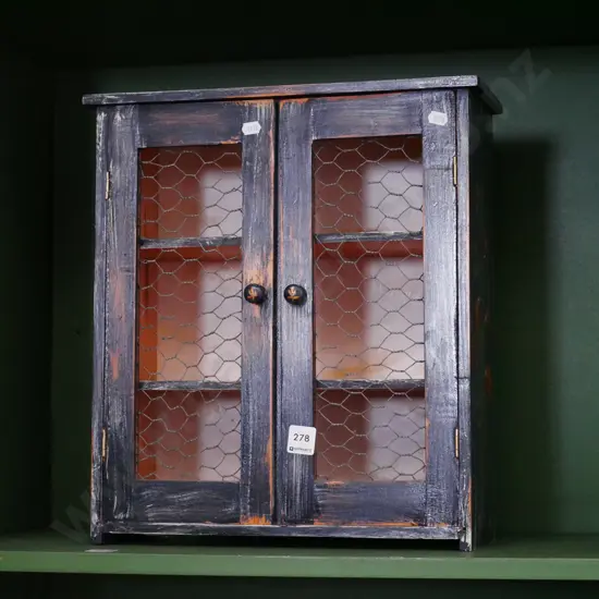 small 2 door French themed cupboard with wire netting insets H-420 W-260 D-150