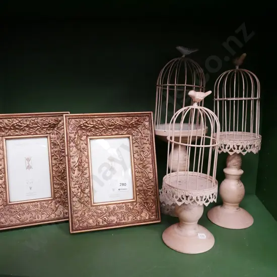 shelf; 2x gilt framed, 3x faux reproduction Fench bird cages on stands Tallest H-400