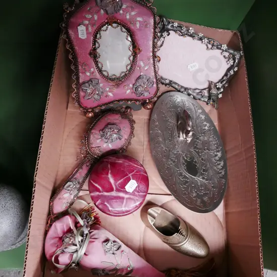 box; ornate plush picture frame, clothes, brushes, brass shoe etc
