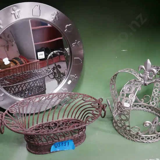 large mirrored tray, wrought metal crown, wrought metal basket Tray Diam-410