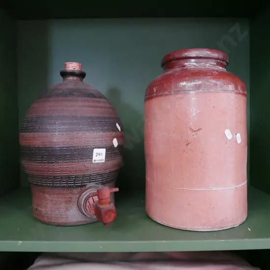 studio pottery crock with wooden tap and cork - has significant crack, salt glazed wide mouth crock H-320